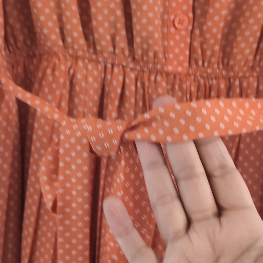 MELLO DAY Women's Orange Half Button Dotted Dress With Belt Size Large